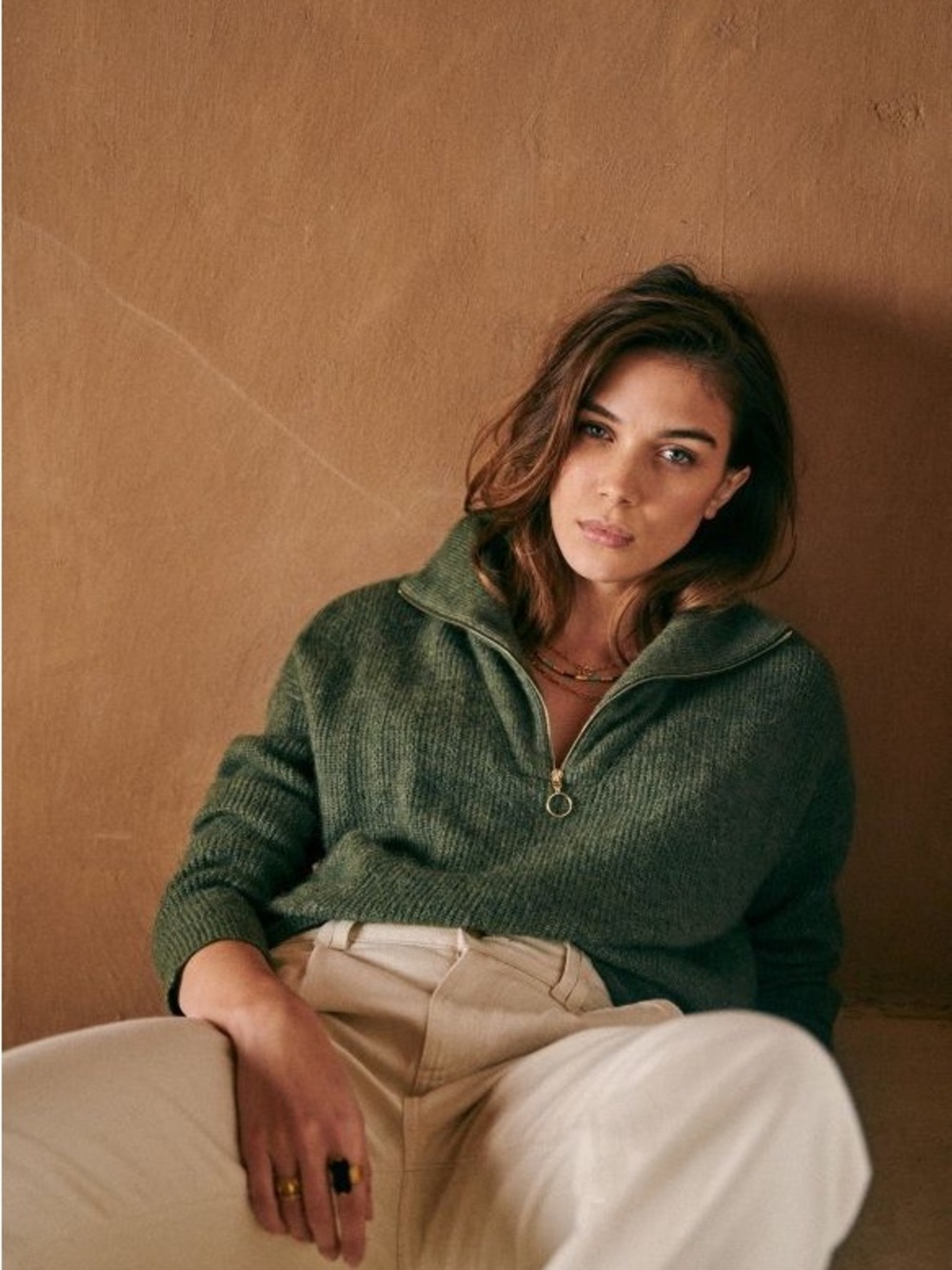 NWT Sezane Pull Johnny Quarterw-Zip Olive Green Women's Sweater M Super Soft